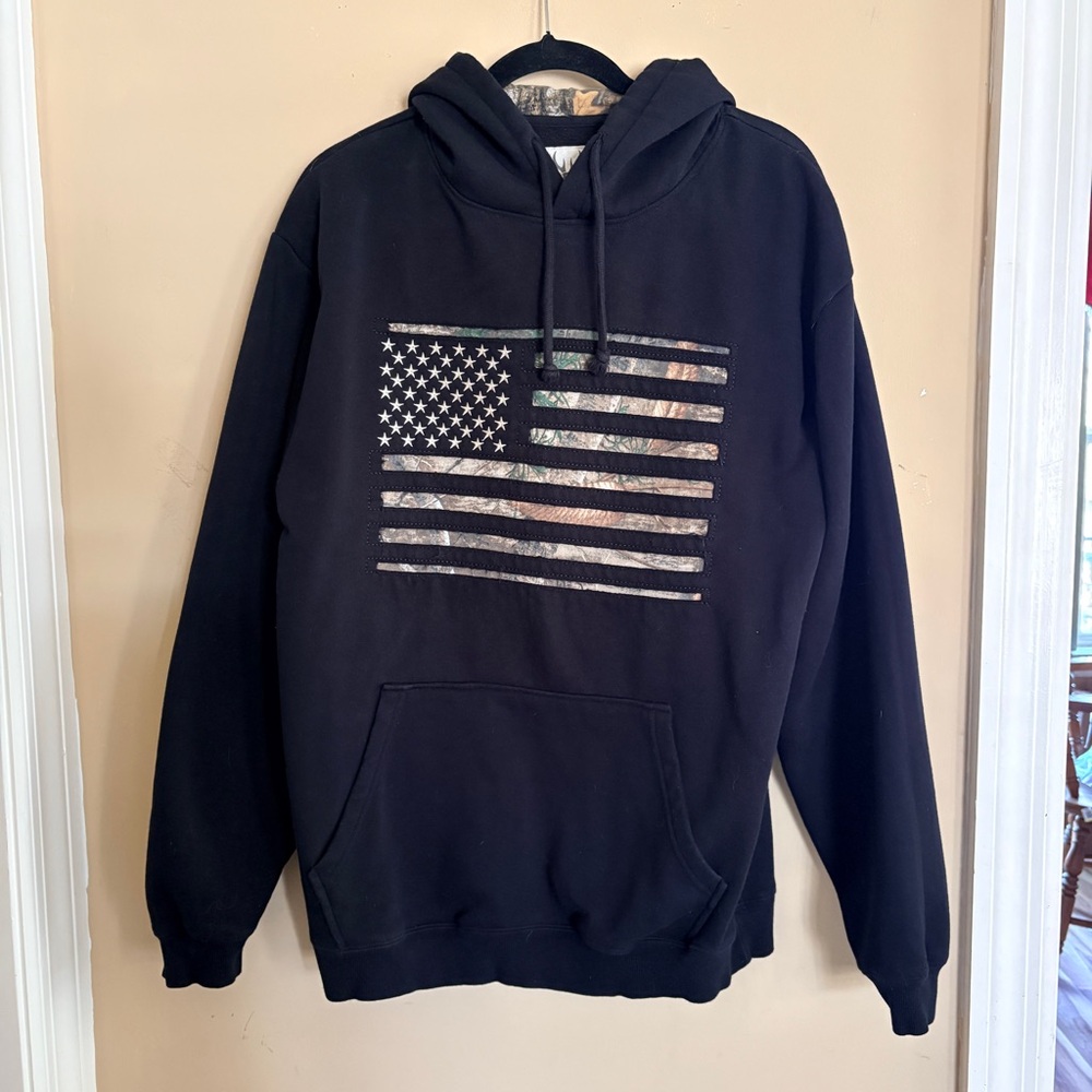 Buck Wear Black Hoodie with Camouflage American Flag Design Large